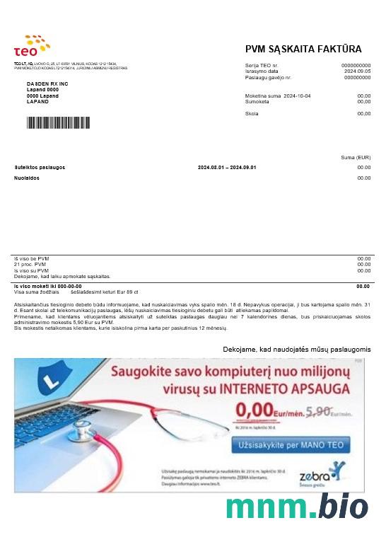 Litwa Teo rachunek za usługi komunalne szablon w formacie Word i PDF